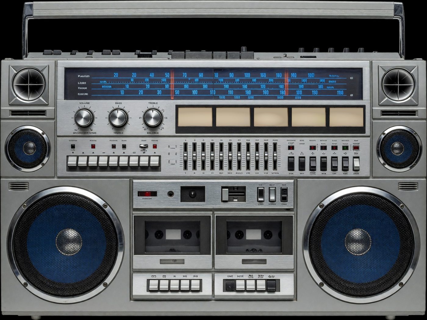 A silver boombox seen from the front: a blue-lit tuning dial, five meters and twin cassette decks.