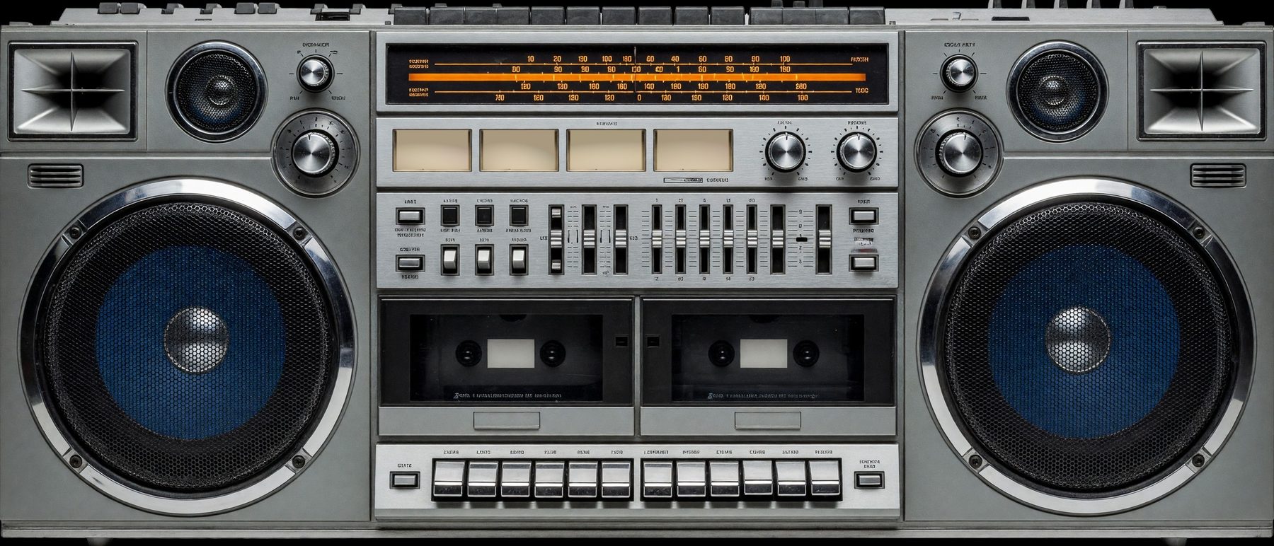 A big silver boombox with two blue woofers, a tuning dial and twin cassette decks.