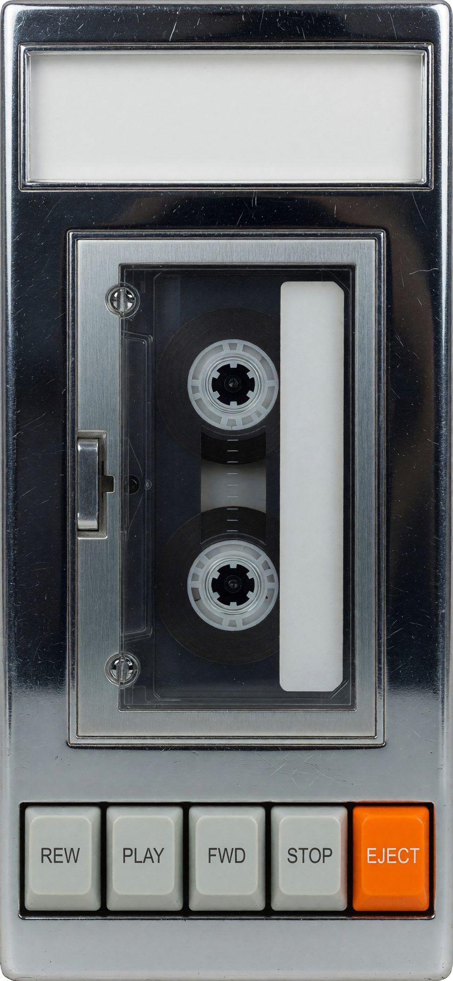 A chrome cassette player with a radio dial, a mixtape behind its window, and five keys.