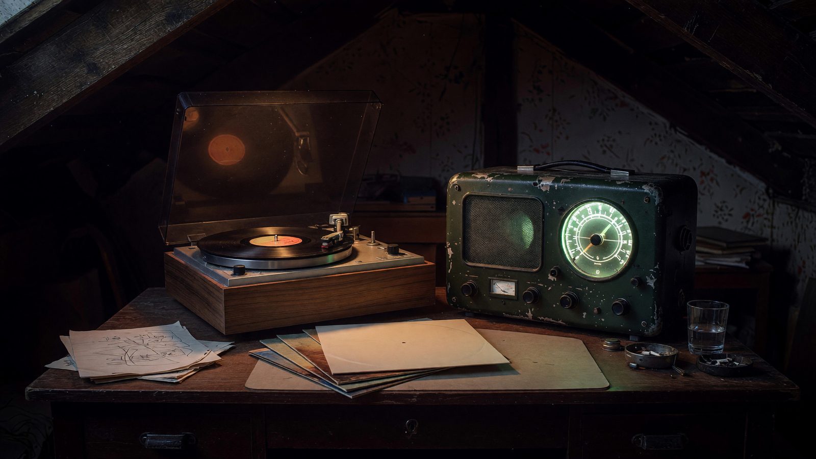 An attic desk at night: a record player on the left, an old radio on the right.